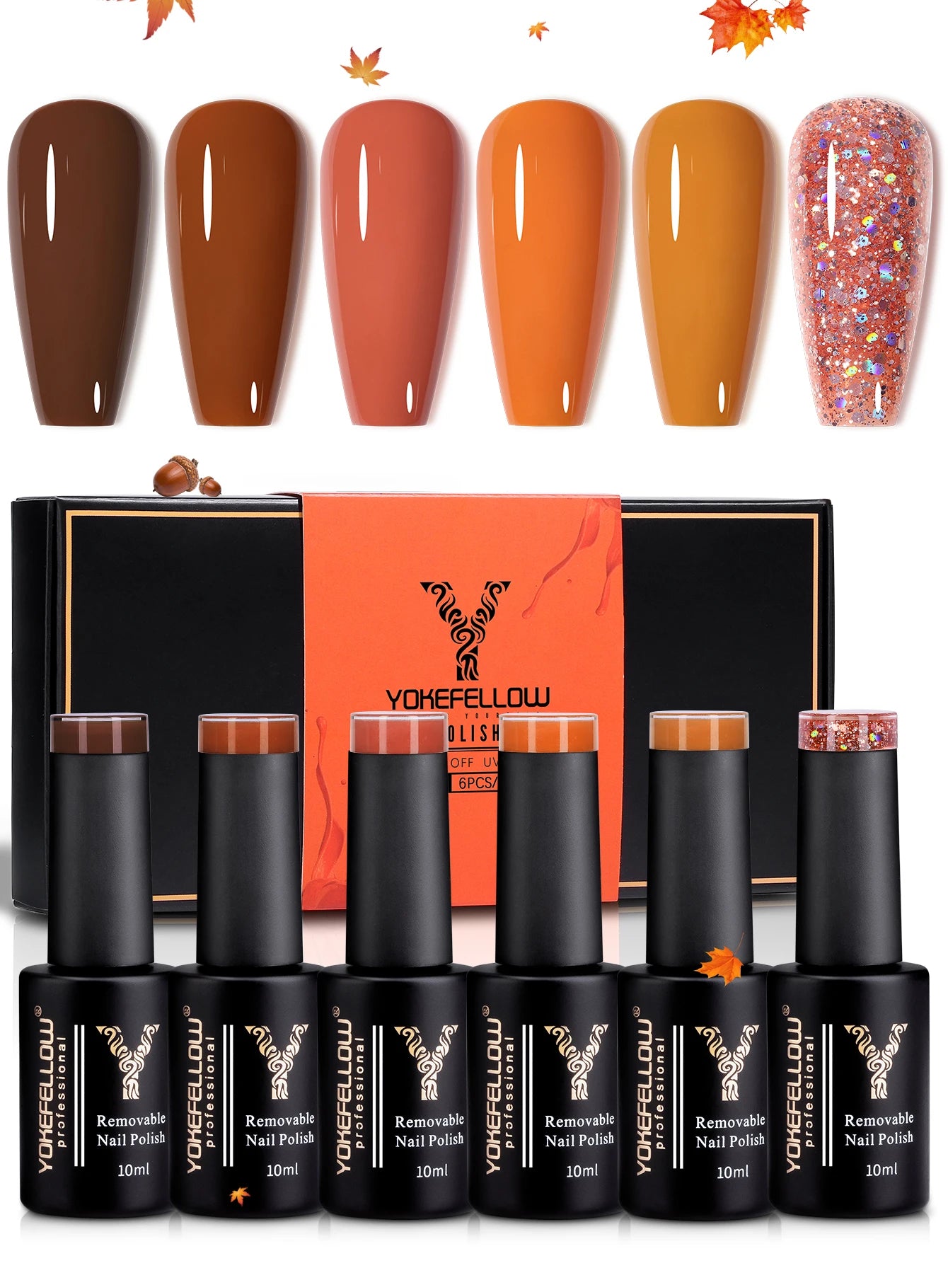 YOKEFELLOW 6-Piece Gel Nail Polish Set | Fall & Winter Seasonal Colors | UV/LED Semi-Permanent Gel Varnish