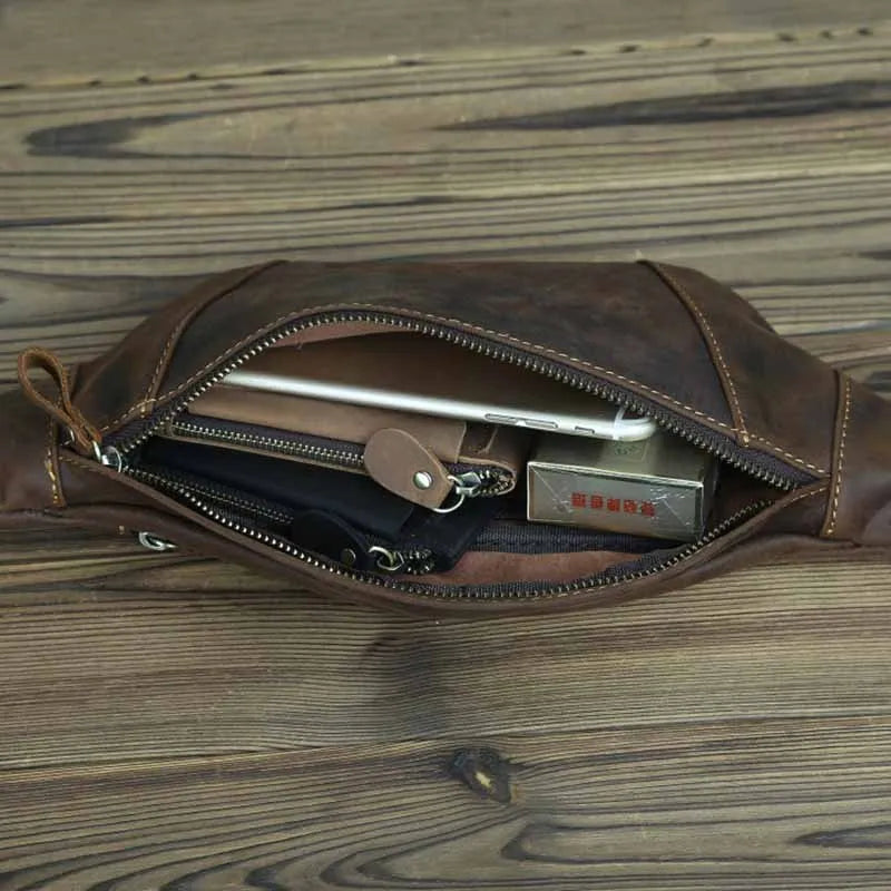 Luufan Crazy Horse Cowhide Leather Waist Bag — Men's Mini Travel Fanny Pack & Phone Pouch