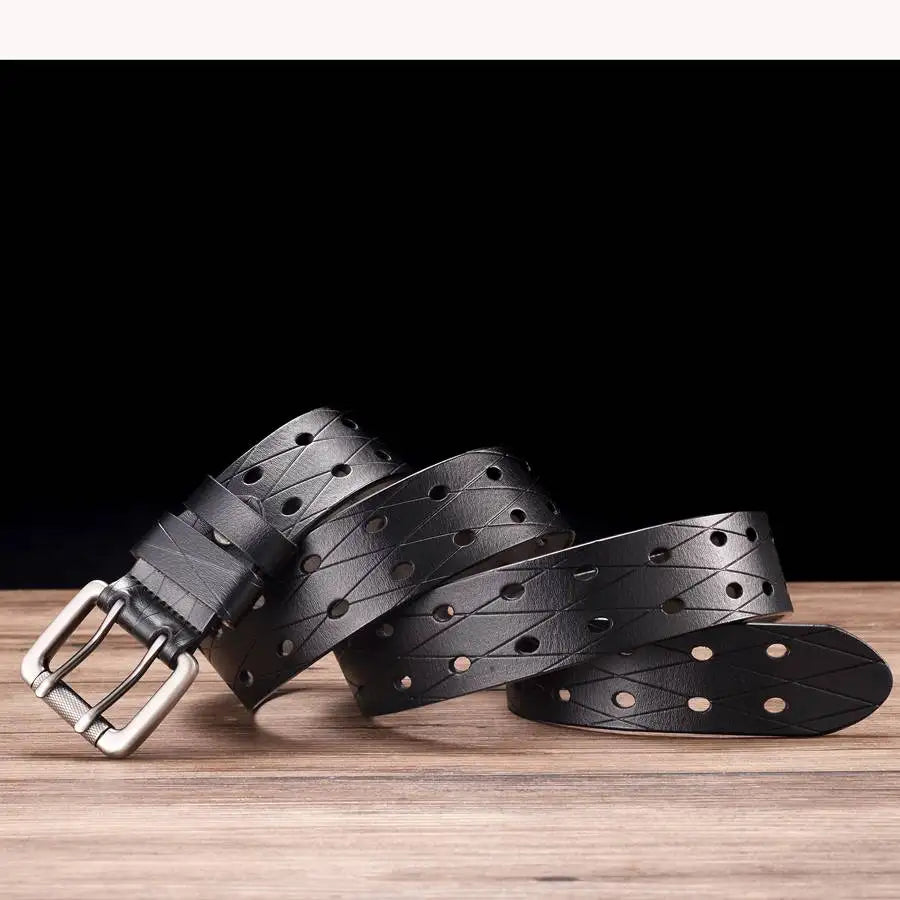Men's Leather Double Needle Buckle Classic Tow Row Hole Jeans Belt Cowboy Hollowed Out Waistband Width:3.8cm Length:105-125cm