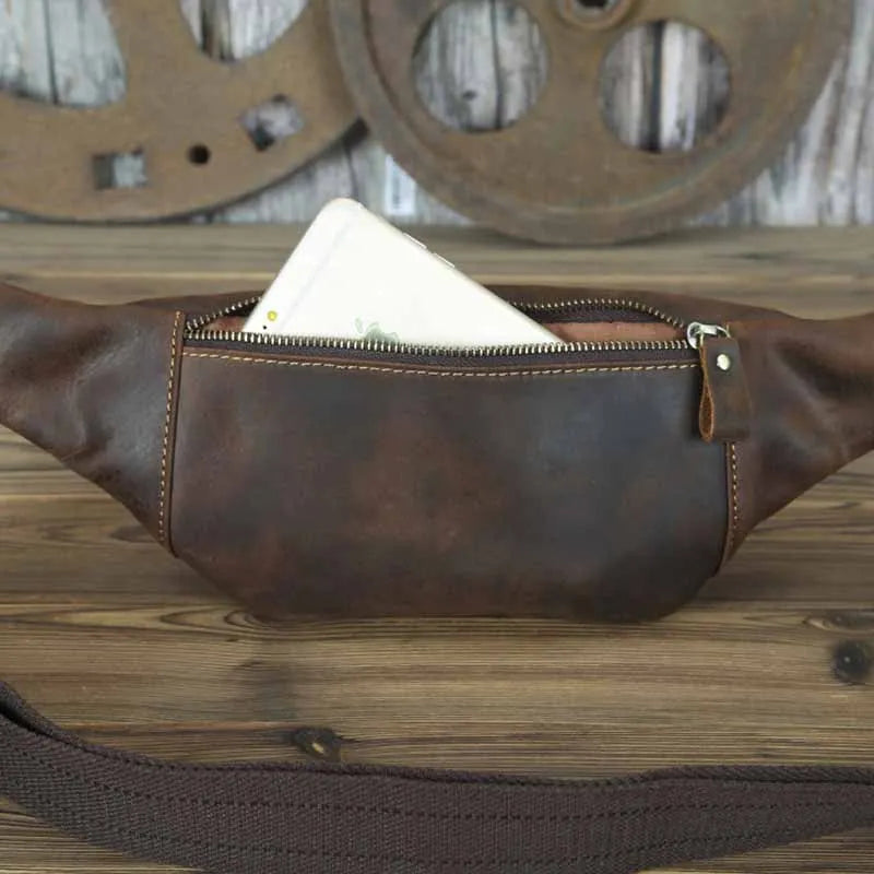 Luufan Crazy Horse Cowhide Leather Waist Bag — Men's Mini Travel Fanny Pack & Phone Pouch