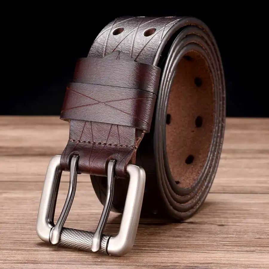 Men's Leather Double Needle Buckle Classic Tow Row Hole Jeans Belt Cowboy Hollowed Out Waistband Width:3.8cm Length:105-125cm