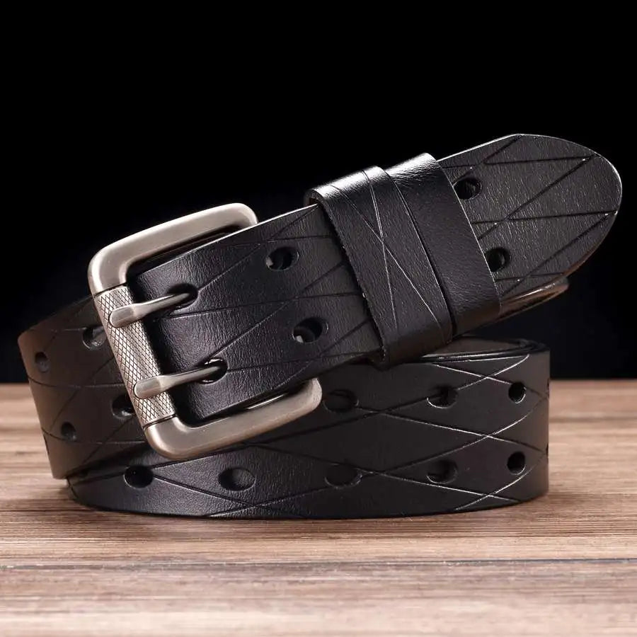 Men's Leather Double Needle Buckle Classic Tow Row Hole Jeans Belt Cowboy Hollowed Out Waistband Width:3.8cm Length:105-125cm