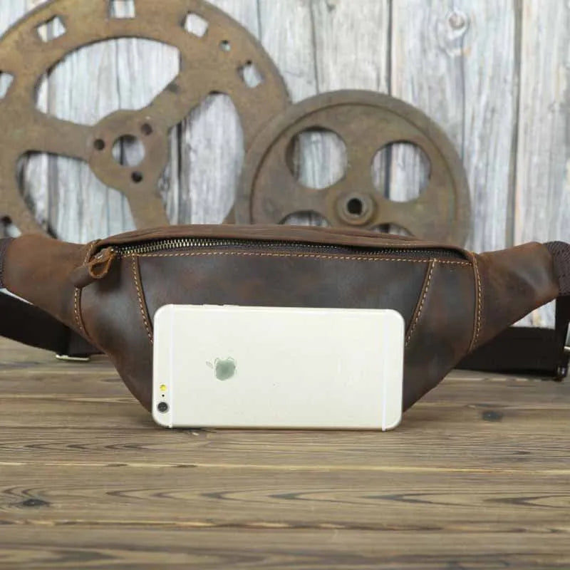 Luufan Crazy Horse Cowhide Leather Waist Bag — Men's Mini Travel Fanny Pack & Phone Pouch