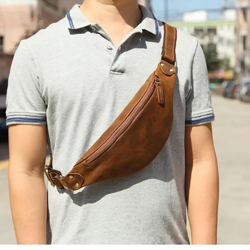 Luufan Crazy Horse Cowhide Leather Waist Bag — Men's Mini Travel Fanny Pack & Phone Pouch