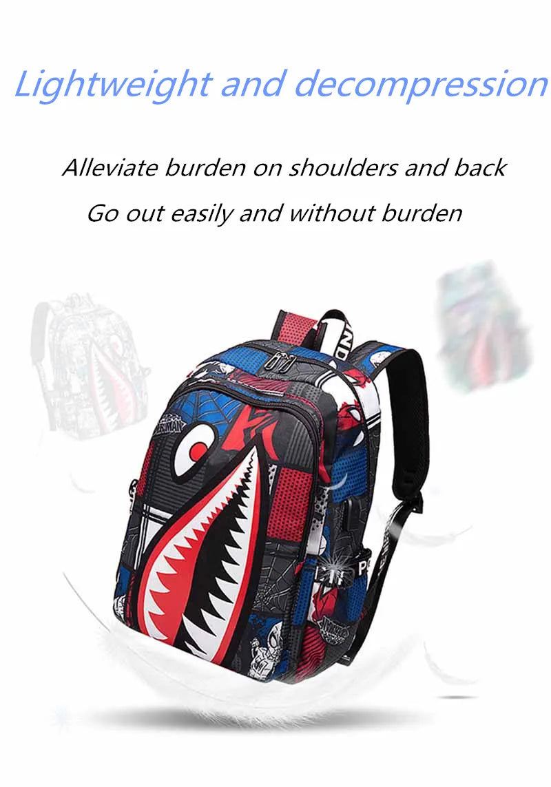 Anime Backpack Elementary Bookbag Travel Rucksack Cartoon Shark Print Primary School Student Satchel Backpack Mochila Infantil