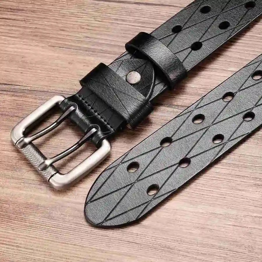 Men's Leather Double Needle Buckle Classic Tow Row Hole Jeans Belt Cowboy Hollowed Out Waistband Width:3.8cm Length:105-125cm