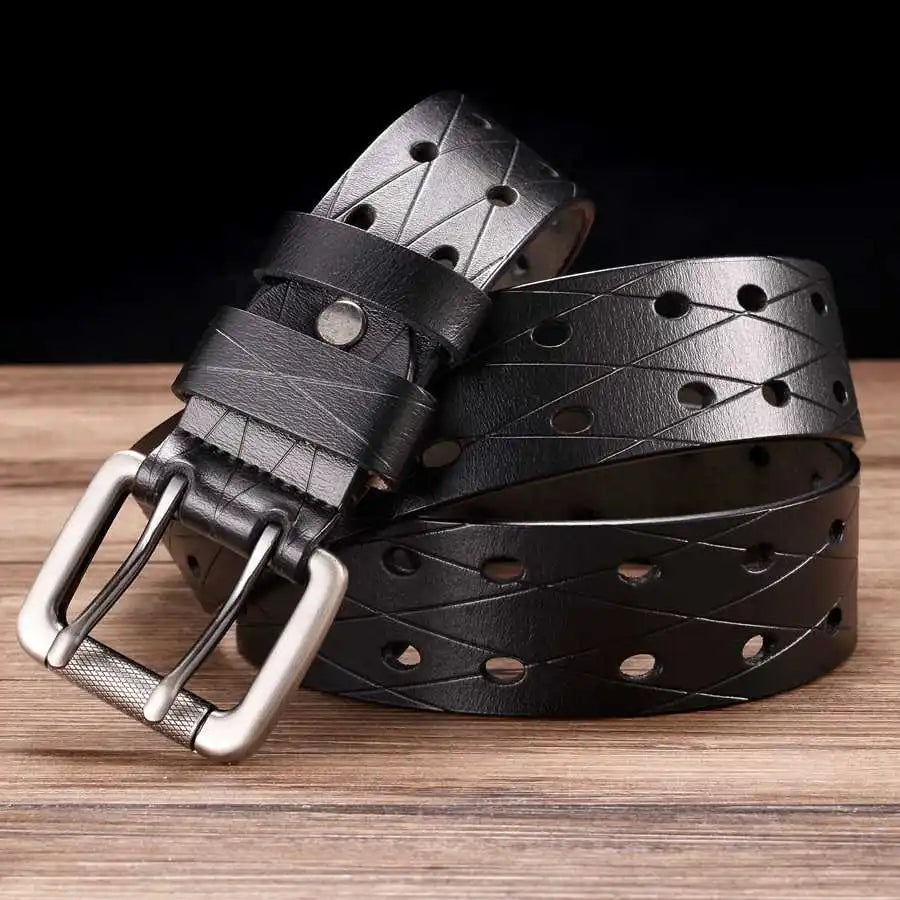 Men's Leather Double Needle Buckle Classic Tow Row Hole Jeans Belt Cowboy Hollowed Out Waistband Width:3.8cm Length:105-125cm