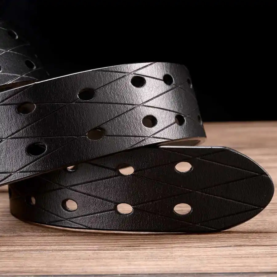 Men's Leather Double Needle Buckle Classic Tow Row Hole Jeans Belt Cowboy Hollowed Out Waistband Width:3.8cm Length:105-125cm