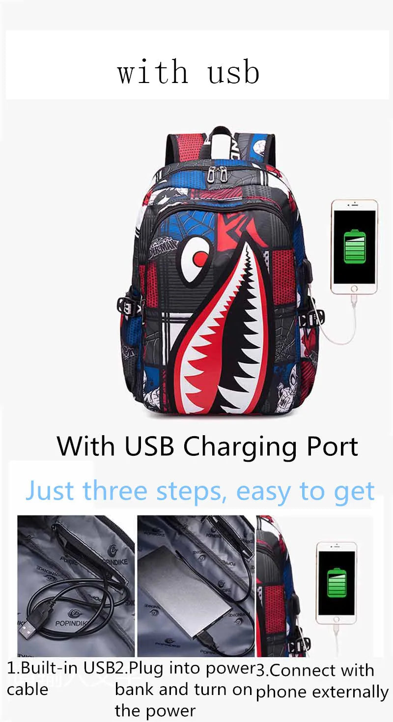 Anime Backpack Elementary Bookbag Travel Rucksack Cartoon Shark Print Primary School Student Satchel Backpack Mochila Infantil