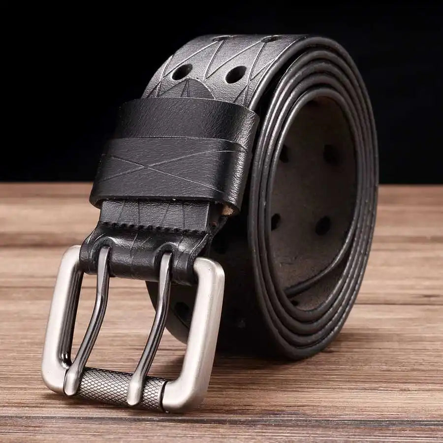 Men's Leather Double Needle Buckle Classic Tow Row Hole Jeans Belt Cowboy Hollowed Out Waistband Width:3.8cm Length:105-125cm