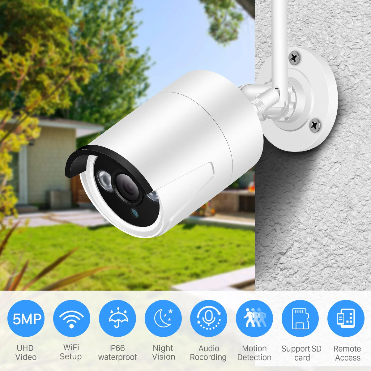 BESDER 5MP Outdoor WiFi Security Camera | IR Night Vision | Motion Detection | IP66 Weatherproof | P2P CCTV Bullet Camera
