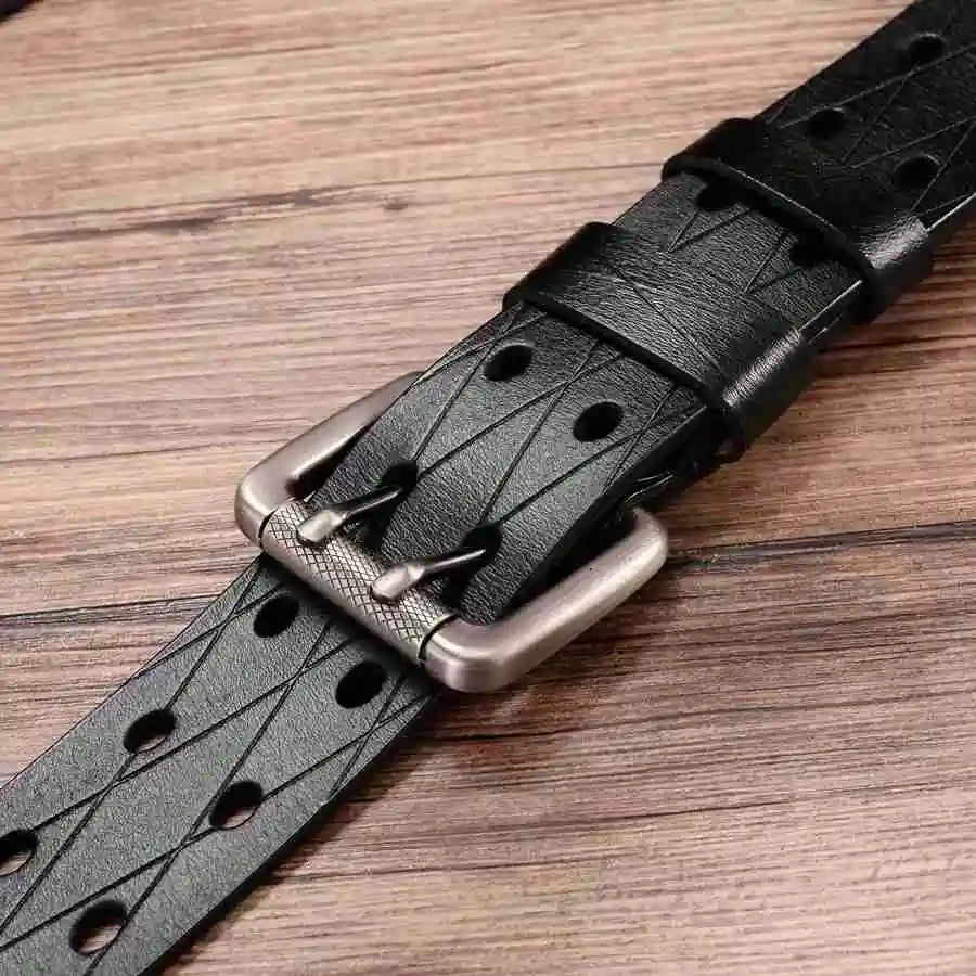 Men's Leather Double Needle Buckle Classic Tow Row Hole Jeans Belt Cowboy Hollowed Out Waistband Width:3.8cm Length:105-125cm