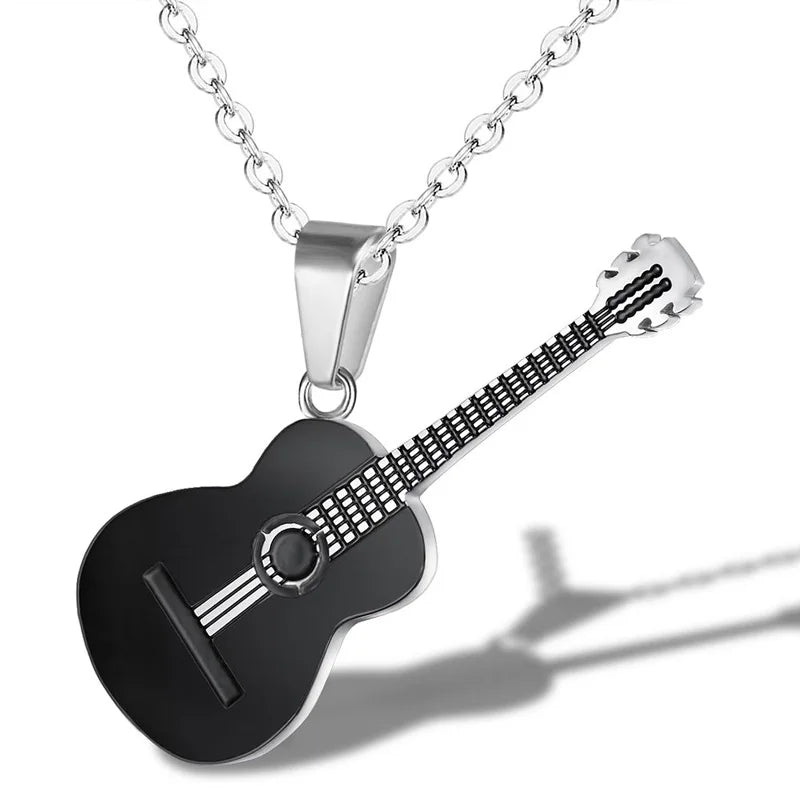 Men Women Punk 316L Stainless Steel Guitar Necklaces Hip Hop Rock Slide Music Element Chains Necklace No Fade Pendant Jewelry