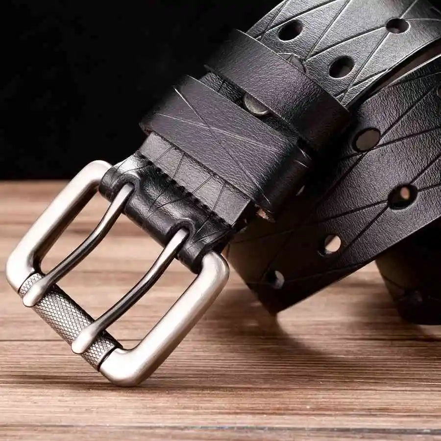 Men's Leather Double Needle Buckle Classic Tow Row Hole Jeans Belt Cowboy Hollowed Out Waistband Width:3.8cm Length:105-125cm