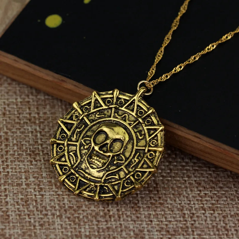 Caribbean Necklace Aztec Skeleton Skull Heads Pendant Gold/Bronze Plated Vintage Men Statement Necklace Gifts