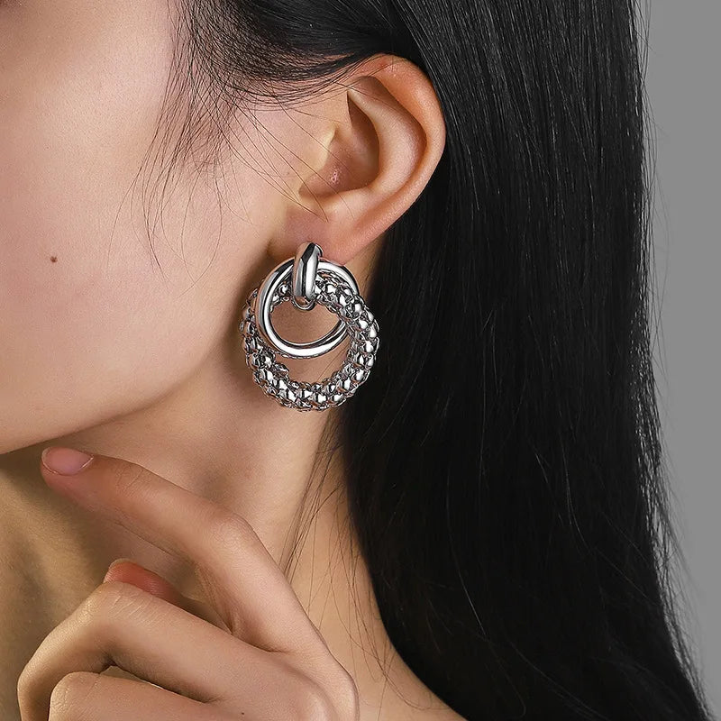 Big Shiny Double Ring Stud Earrings for Women – Bold Round Metal Drop Fashion Jewelry