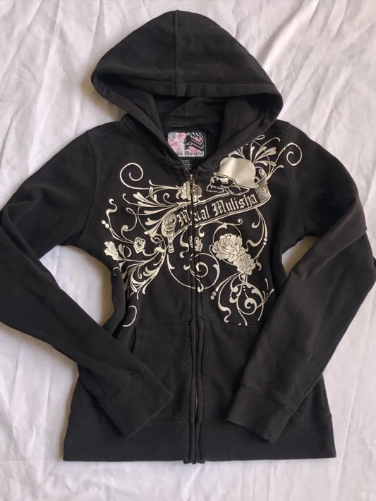 Hoodies Women 2000s Clothes Y2k Vintage Harajuku Flower Graphic Zip-up Hooded Punk Hot Girl High Street Hoodie Casual Sweatshirt