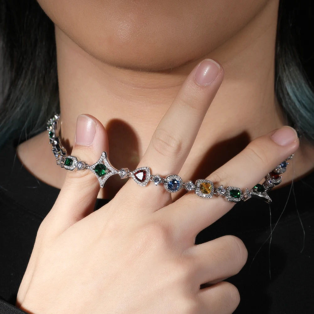 THE BLING KING Women Rainbow Necklace Iced Out Multi Color Triangle Round Rectangle Gemstoms Bracelet HipHop Jewelry For Gift
