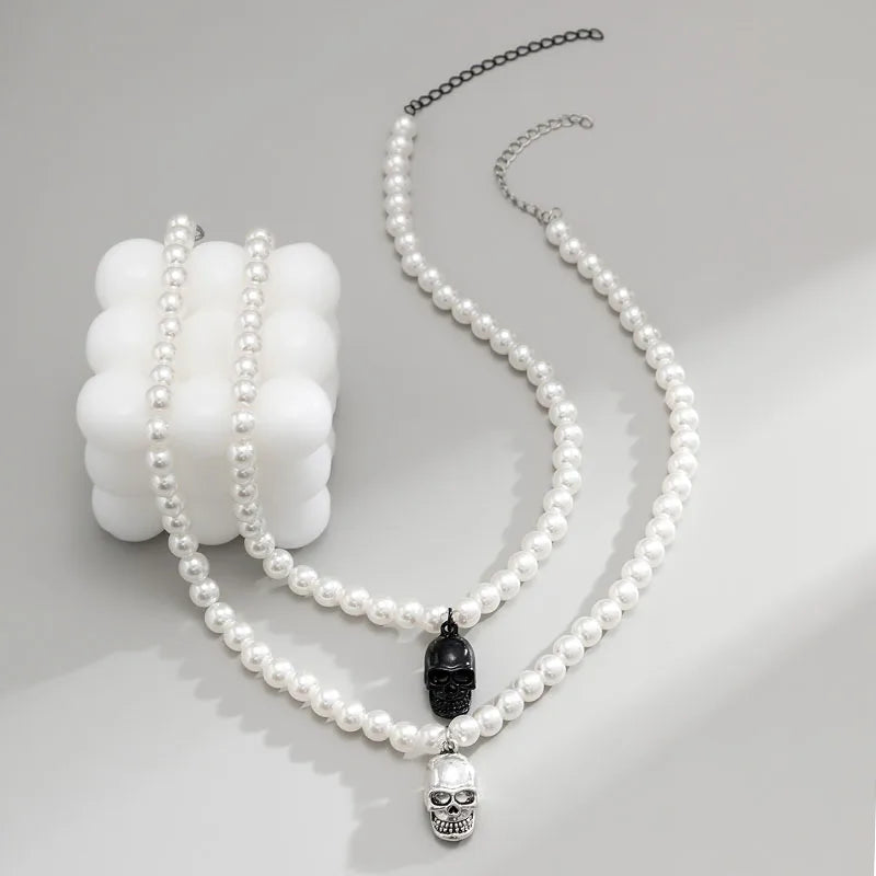 New in Pearl Necklace Men Trendy Punk Skull Head Pendant Necklace Collar Neck Chains Hip-Hop Clavicle Chains Mens Pearl Jewelry