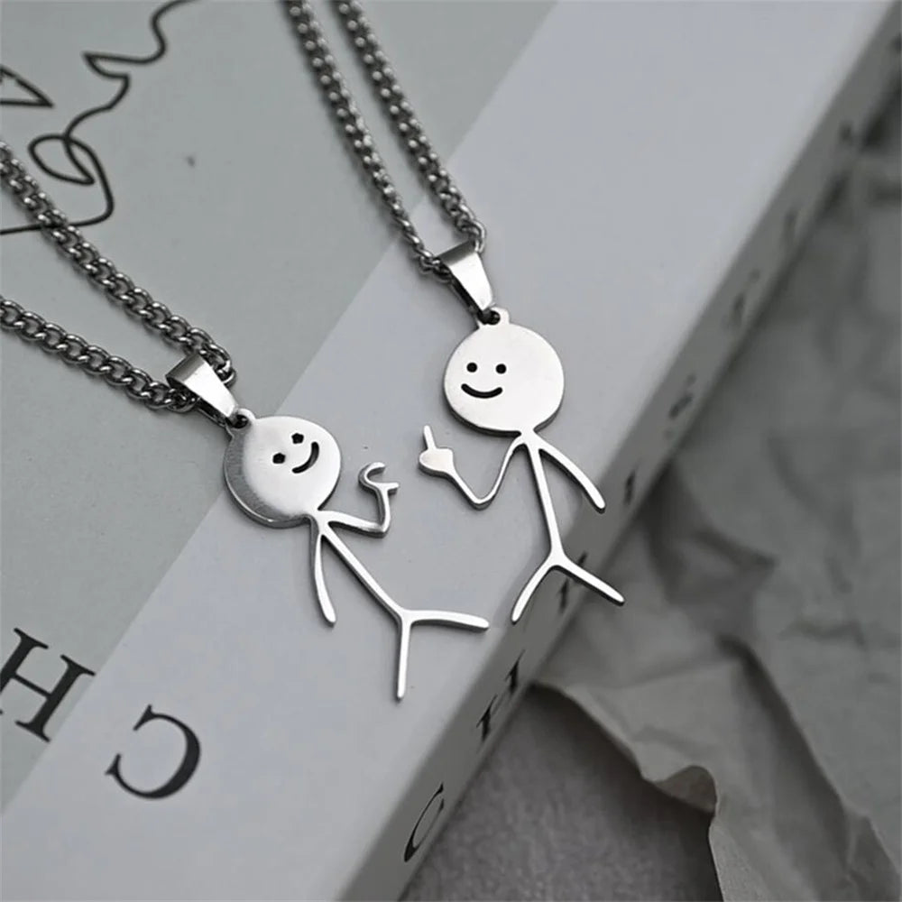 2025 Funny Middle Finger Stickman Necklace For Women Men Trend Titanium Steel Heart Pendant Chain Love Jewelry Couple Party Gift