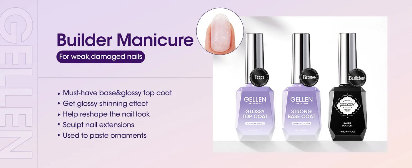 GELLEN Professional Gel Nail Set — 18ml 4-Piece Base Coat, Top Coat & Strengthener Kit for Long-Lasting Manicures