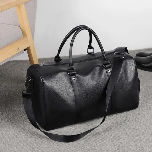 Unisex PU Leather Gym Tote Bag with Shoe Compartment | Weekender Overnight Duffle for Men & Women | Black & Brown