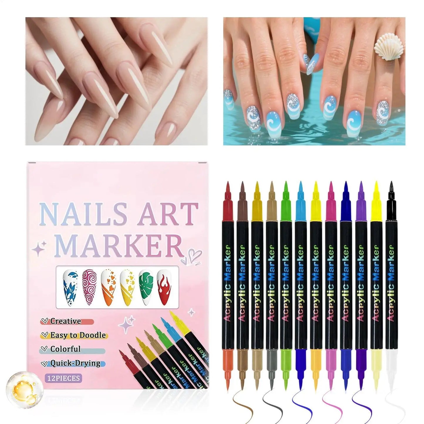 12 Colors Nail Polish Pens — Dual-Ended Quick Dry Nail Art Markers