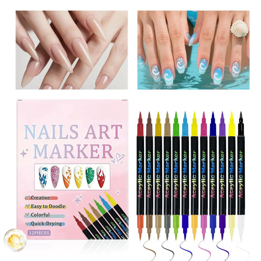12 Colors Nail Polish Pens — Dual-Ended Quick Dry Nail Art Markers