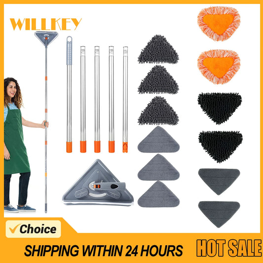 360° Rotating Triangle Microfiber Mop – Long Handle Wall, Floor & Ceiling Cleaner, Wet & Dry Use