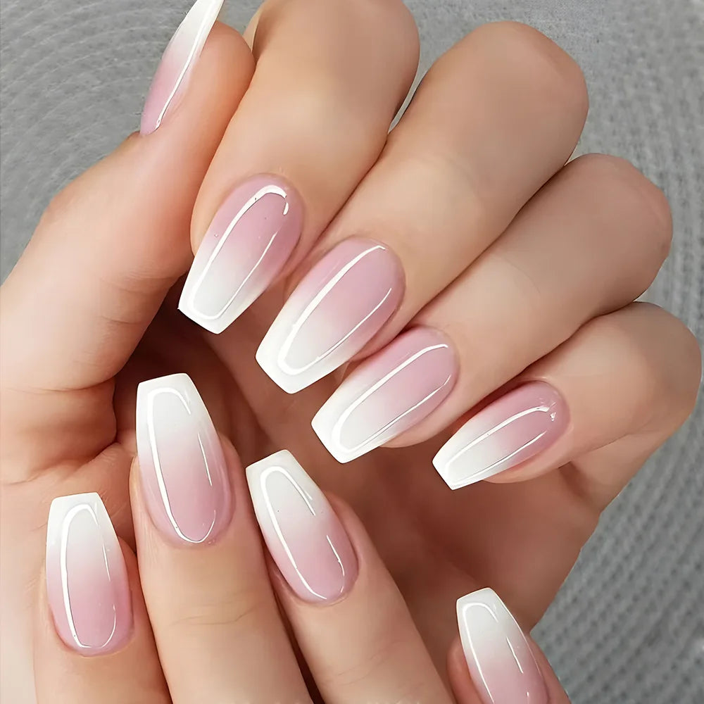 Glossy Pink Ballerina Press On Nails — 24Pcs Pink Gradient False Nails
