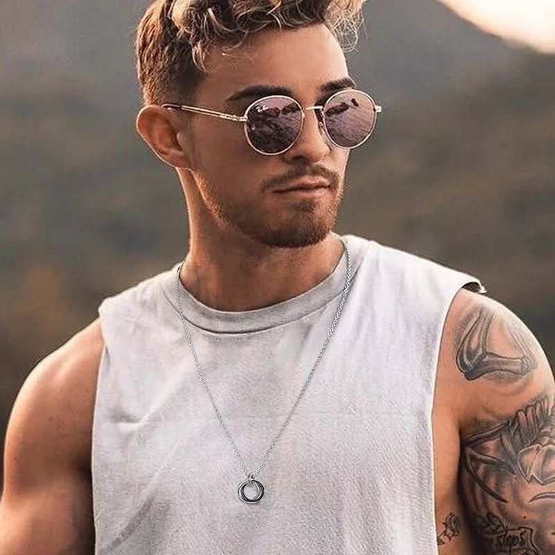 Casual Simple Interlocked 3 Circle Necklace for Men Women Chain Round Circle Pendant Stainless Steel Hippie Neck Collar Jewelry