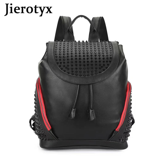 JIEROTYX Studded Black Leather Backpack | Punk Rock Style | Unisex School, Travel & Casual Daypack | Rivet & Embroidery Detail