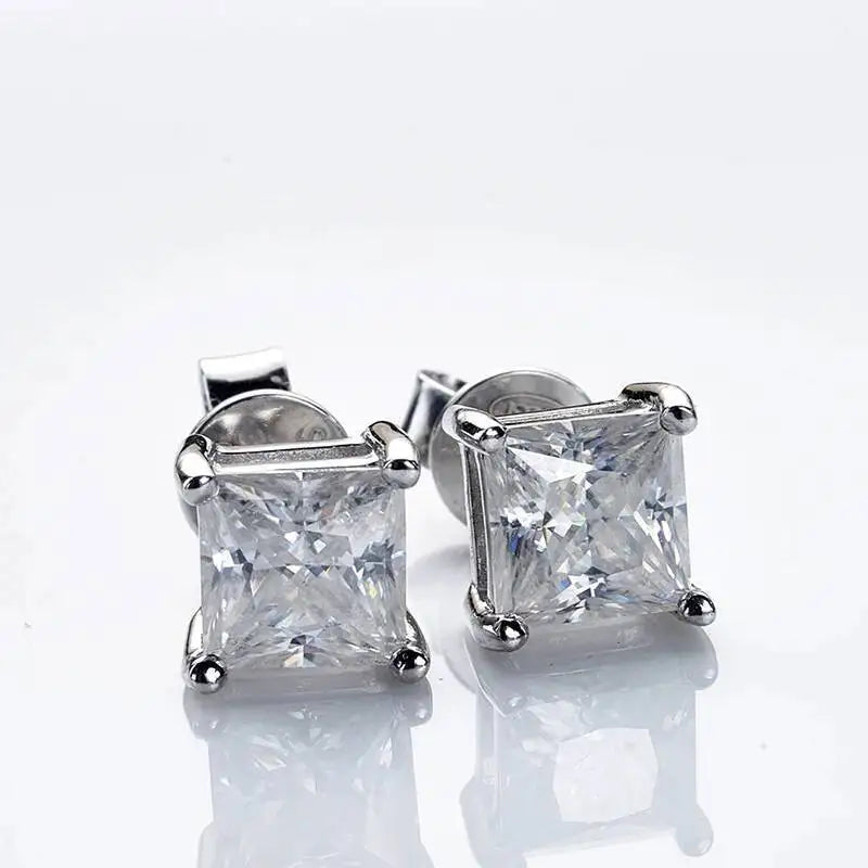 1 pairs Princess Cut Moissanite Stud Earrings For Women Men's Ear Studs Unisex D color VVS 1CT 2CT S925 Sterling Silver Jewelry