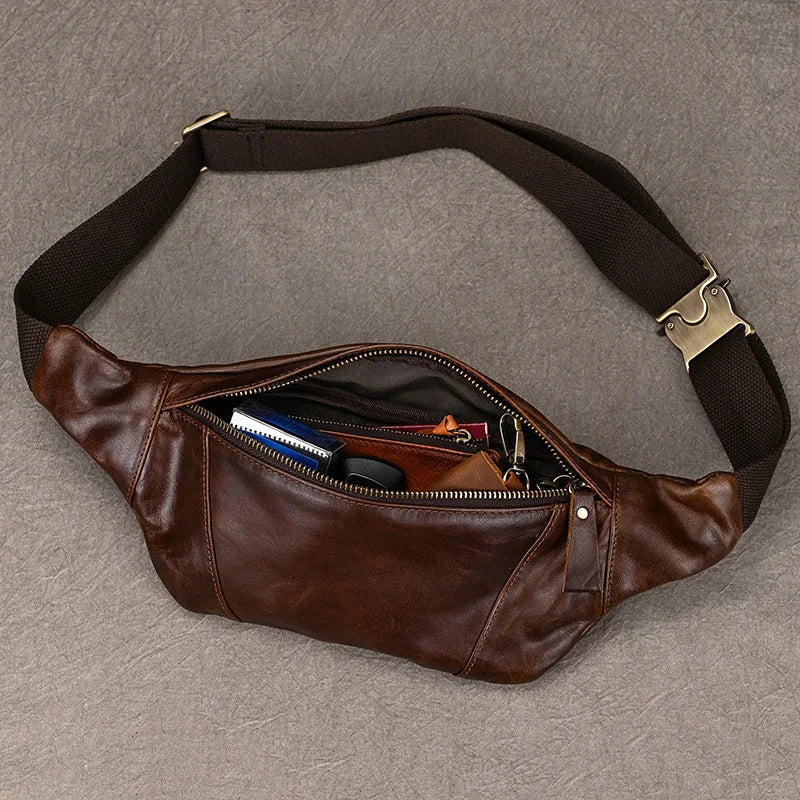Newsbirds Men's Genuine Leather Chest Bag — Vintage Crossbody Sling & Outdoor Belt Pouch