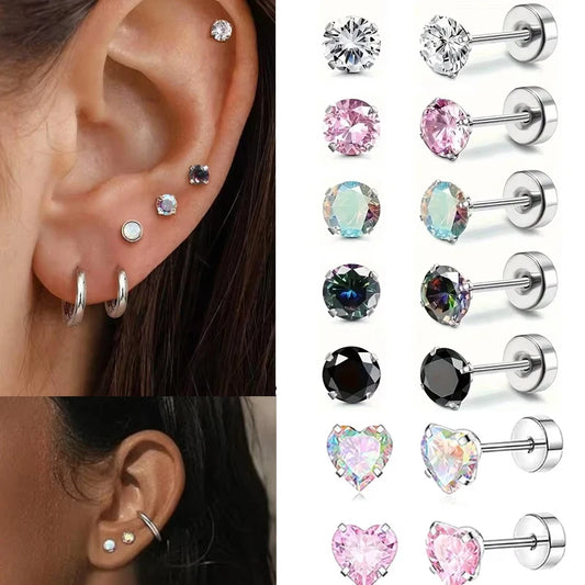 INS Heart Stainless Steel Stud Earrings for Women Cubic Zirconia Pink Round Earrings Tragus Cartilage Spiral Piercing