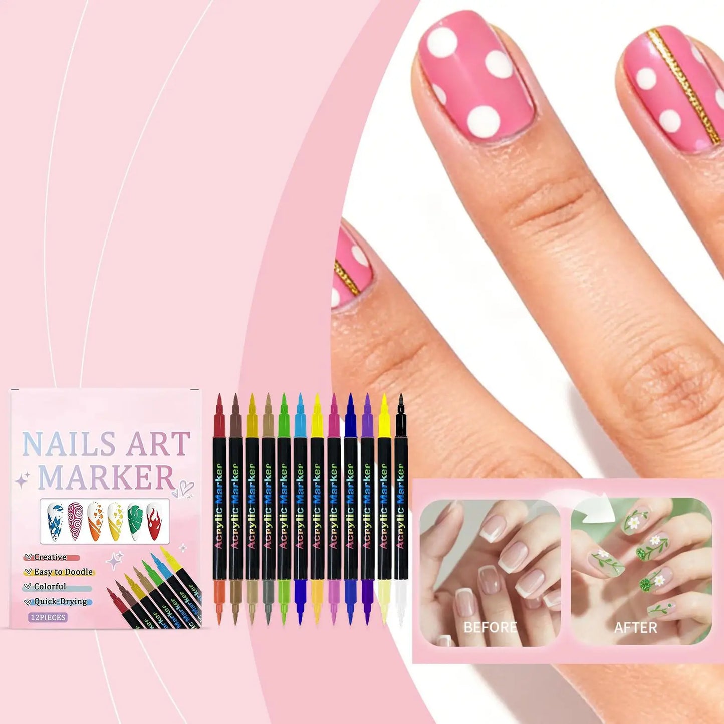 12 Colors Nail Polish Pens — Dual-Ended Quick Dry Nail Art Markers