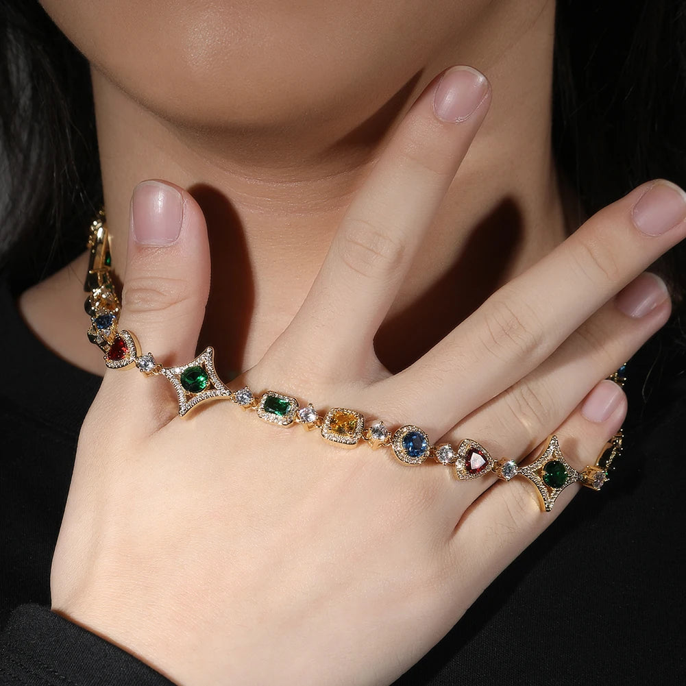 THE BLING KING Women Rainbow Necklace Iced Out Multi Color Triangle Round Rectangle Gemstoms Bracelet HipHop Jewelry For Gift