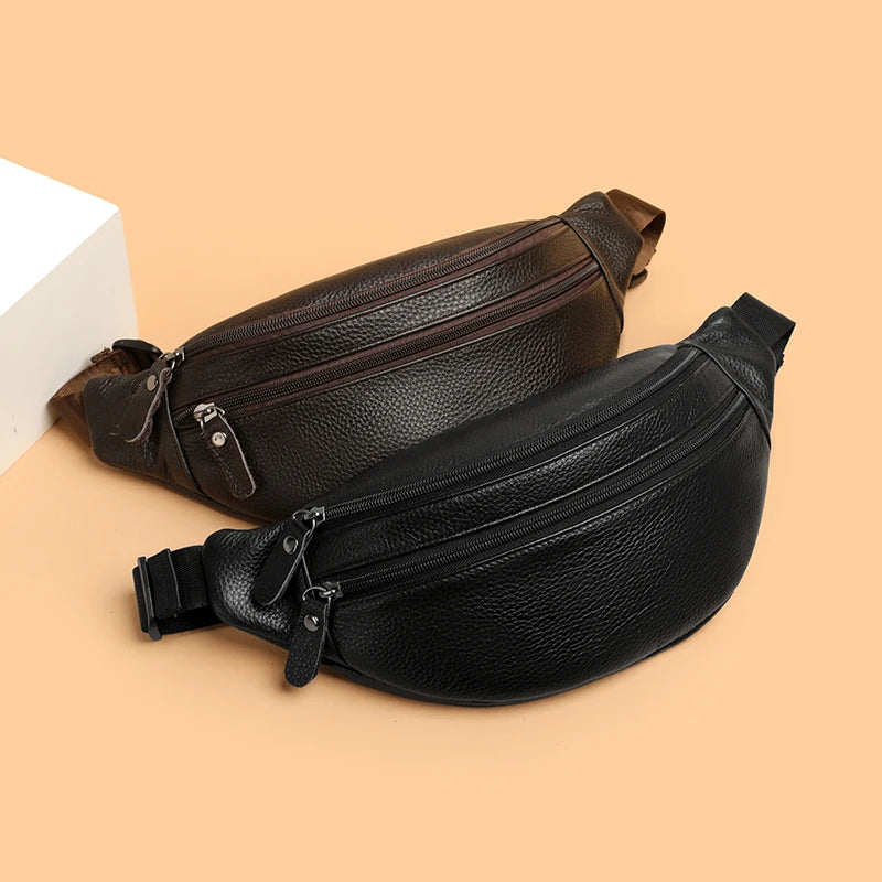 Minimalist Genuine Leather Waist Bag — Unisex Vintage Pebbled Crossbody Chest Pack