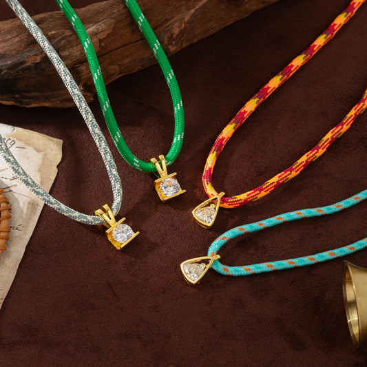 Dopamine woven color rope zircon necklace, light luxury, personalized retro style necklace, gold-plated and color preserving