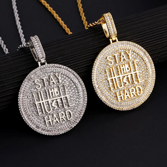 Hip Hop 5A+ CZ Stone Bling Lced out Stay Hard Round Pendants Necklace for Men Charm Jewelry Gold Silver Color