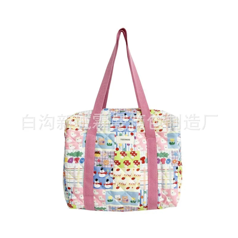 Women's Floral Quilted Shoulder Bag — Large Capacity Cotton Linen Tote