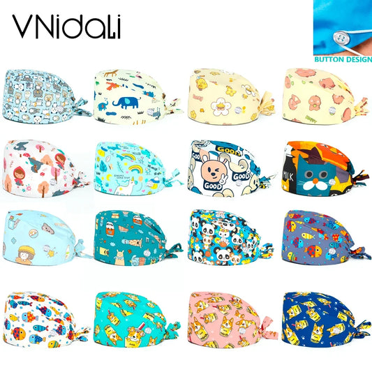 Printed Button Scrub Cap – Unisex Cotton Surgical Hat for Nurses, Vets, Lab & Medical Staff | 17 Designs | One Size