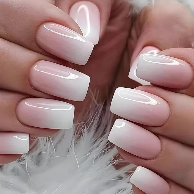 24-Piece Short Square Press-On Nails – Pinkish-White Gradient with Nail Glue & File Kit