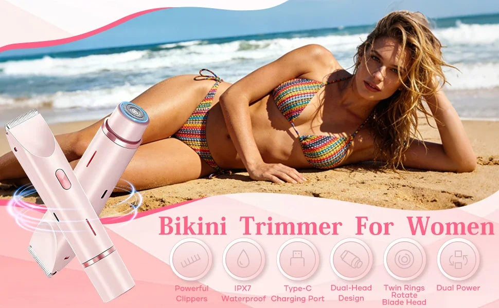 Bikini Trimmer for Women, Dual Head Electric Shaver ,Waterproof Body Pubic Hair Trimmer for Armpit Leg Body Facial Wet & Dry Use