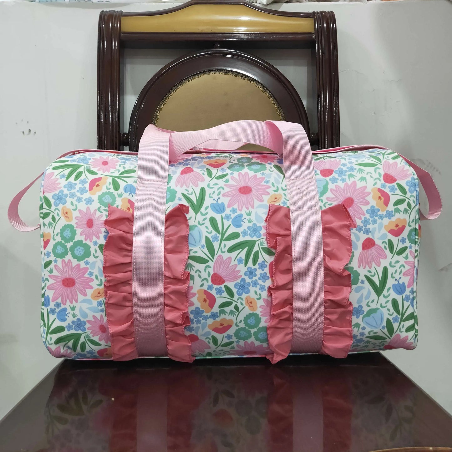 Floral Ruffle Duffle Bag | Large Capacity Sports & Overnight Bag for Kids & Adults