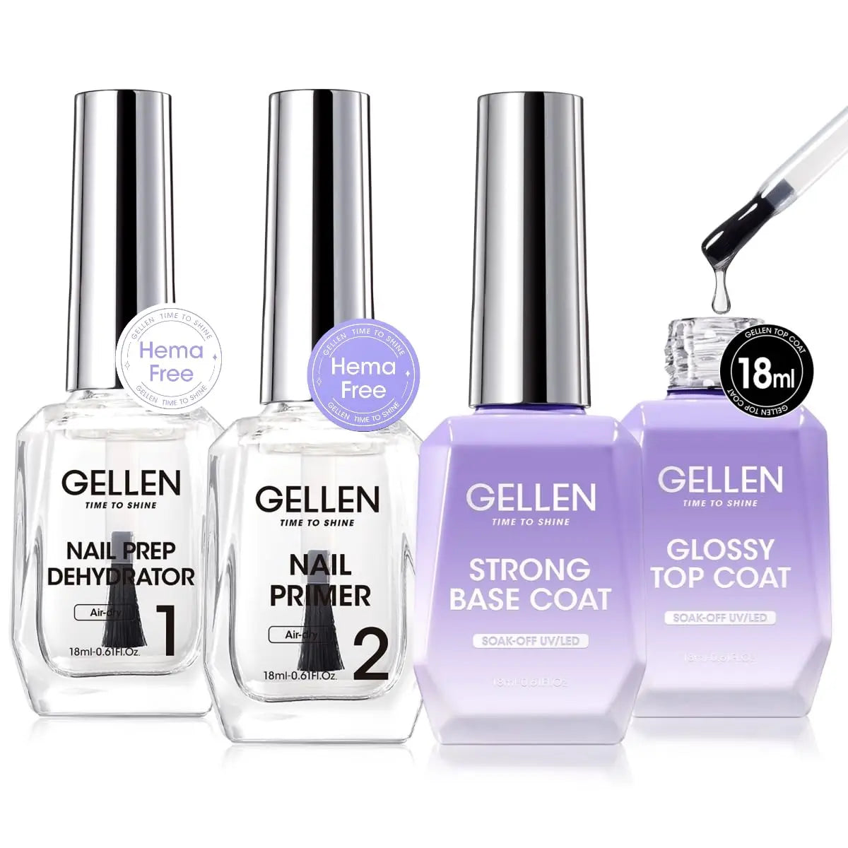 GELLEN Professional Gel Nail Set — 18ml 4-Piece Base Coat, Top Coat & Strengthener Kit for Long-Lasting Manicures