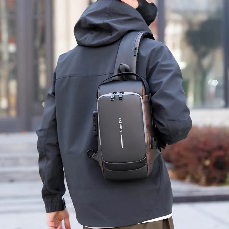 Men's Anti-Theft Chest Bag — Password Lock, USB Port & Waterproof Crossbody Sling