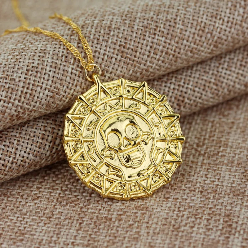 Caribbean Necklace Aztec Skeleton Skull Heads Pendant Gold/Bronze Plated Vintage Men Statement Necklace Gifts