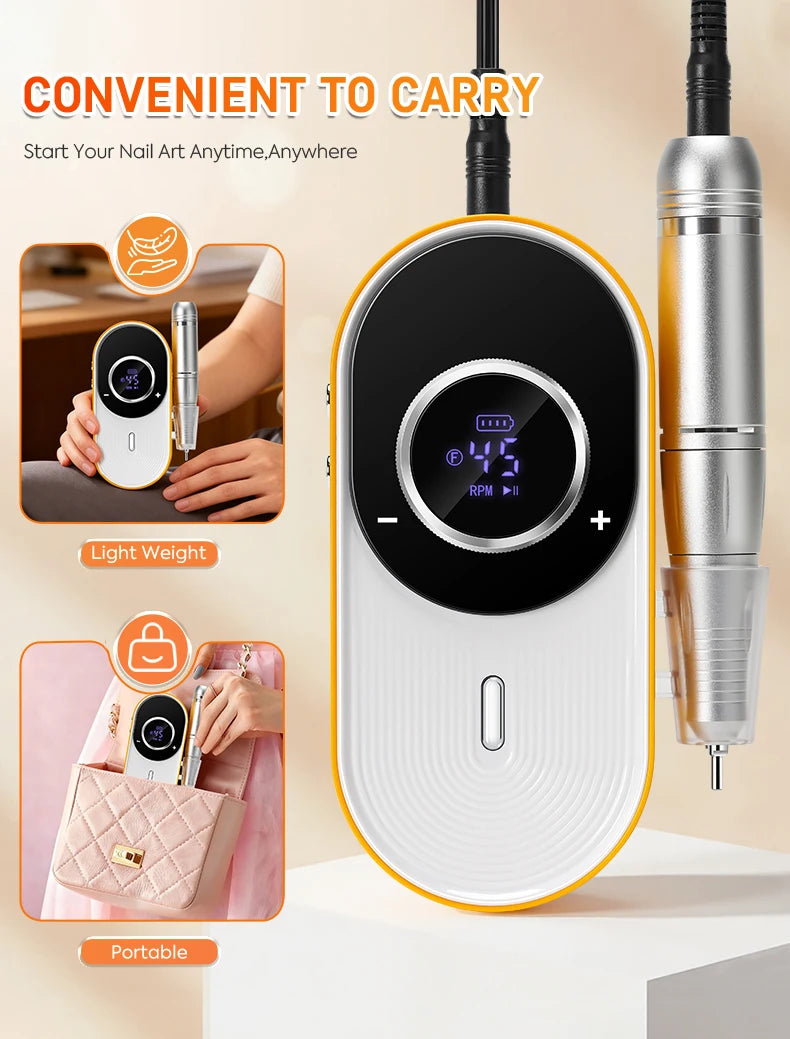 Rechargeable Electric Nail Drill: 45000 RPM, 8-Hour Battery, HD LCD Screen - Professional Salon-Grade Nail Filing & Removal