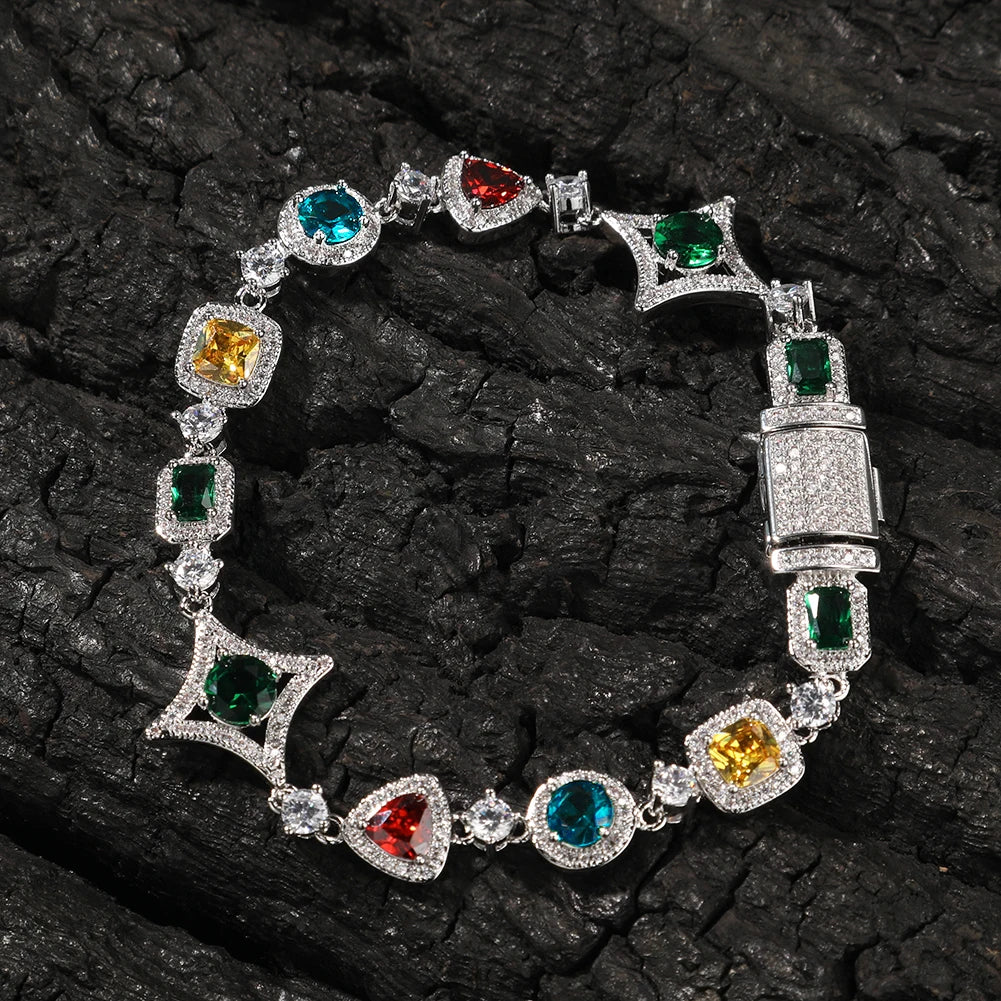 THE BLING KING Women Rainbow Necklace Iced Out Multi Color Triangle Round Rectangle Gemstoms Bracelet HipHop Jewelry For Gift